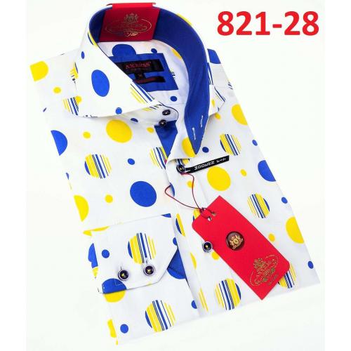 Axxess White/ Yellow/ Blue Polka Dots Design Cotton Modern Fit Dress Shirt With Button Cuff 821-28.