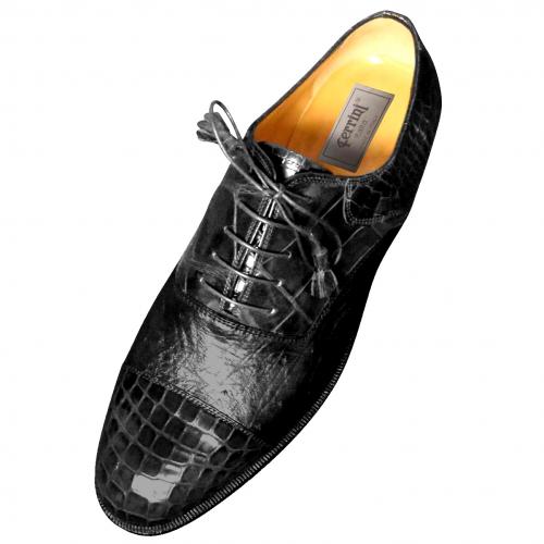 Ferrini 4234 Black Genuine Alligator / Ostrich Lace Up Cap Toe Shoes