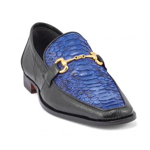Mauri "Priest" Black / Royal Blue Genuine Iguana / Python Horsebit Loafer Shoes 4800/2.