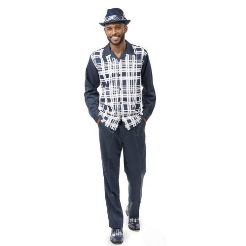 Montique Navy / White Woven Plaid Design Long Sleeve Outfit 2136