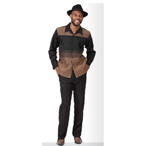 Montique Black / Khaki Woven Multi-Stitch Design Long Sleeve Outfit 2151