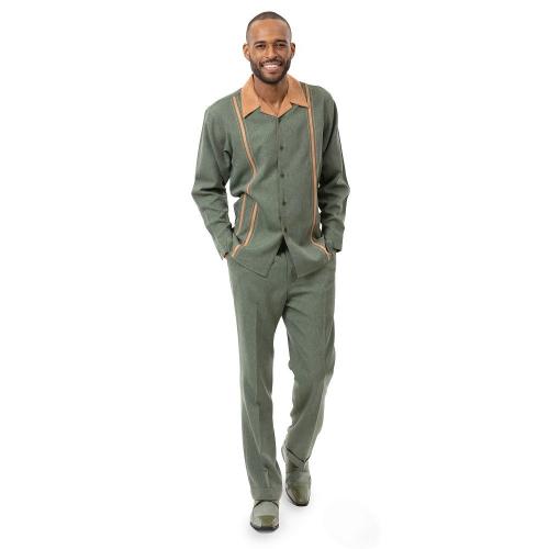 Montique Hunter Green / Camel Denim Style Microsuede Trimmed Long Sleeve Outfit D-64