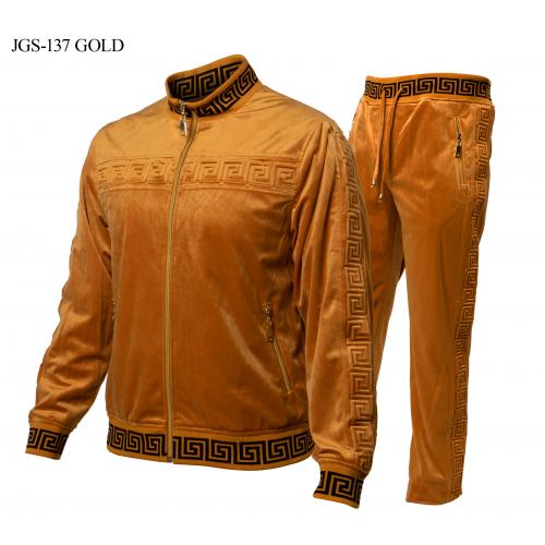 Prestige Gold / Black Velour Greek Design Tracksuit Outfit JGS-137