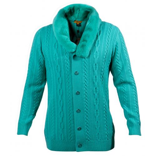 Prestige Light Teal Faux Fur Collar / Knitted Modern Fit Cardigan Sweater PD-523