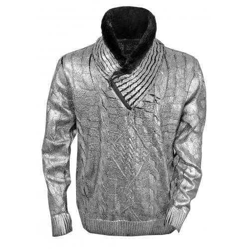 Prestige Metallic Silver / Black Pull-Over Modern Fit Faux Fur Collar Sweater PD-431