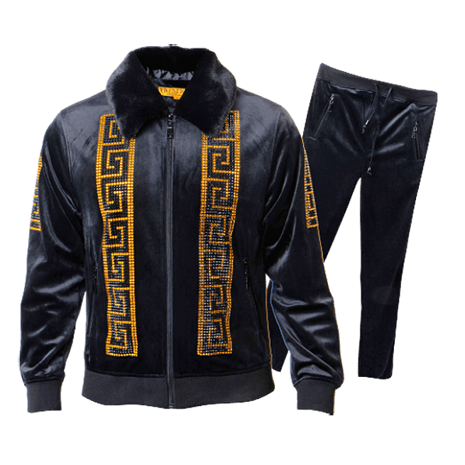 Prestige Black Gold Crystal Studded Velour Faux Fur Tracksuit Outfit Jgs