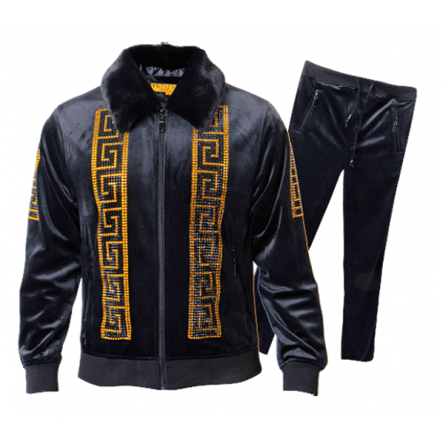 Prestige Black / Gold Crystal Studded Velour / Faux Fur Tracksuit Outfit JGS-130