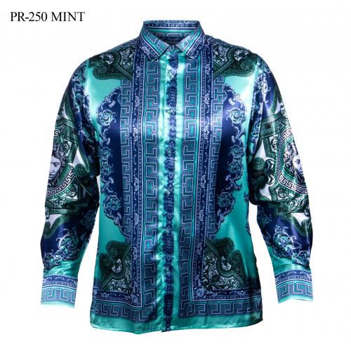 Prestige Mint / Navy / White Satin Medusa / Greek Design Long Sleeve Shirt PR-250