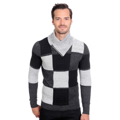 LCR Silver / Grey / Black Modern Fit Cotton Blend Pull-Over Shawl Collar Sweater 2150