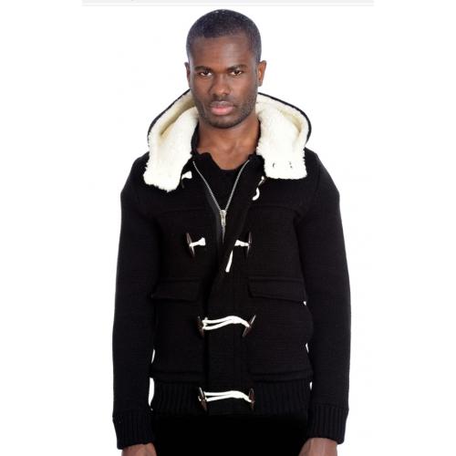 LCR Black / Beige Modern Fit Wool Blend Sherpa Lined Hooded Cardigan Sweater 6550