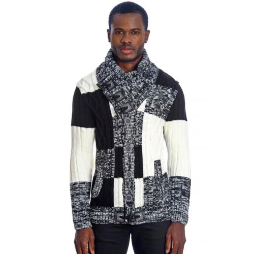 LCR Black / Off-White Modern Fit Wool Blend Shawl Collar Cardigan Sweater 6605