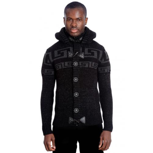 LCR Black / Grey Modern Fit Wool Blend Sherpa Lined Hooded Cardigan Sweater 6650