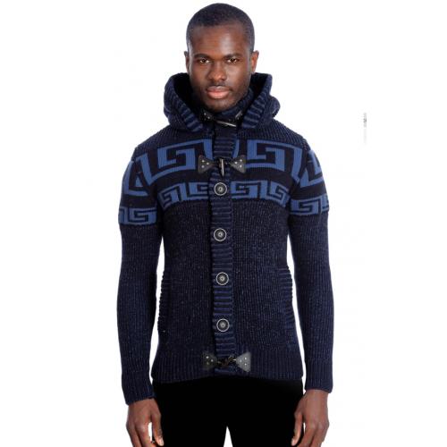 LCR Navy / Blue Modern Fit Wool Blend Sherpa Lined Hooded Cardigan Sweater 6650