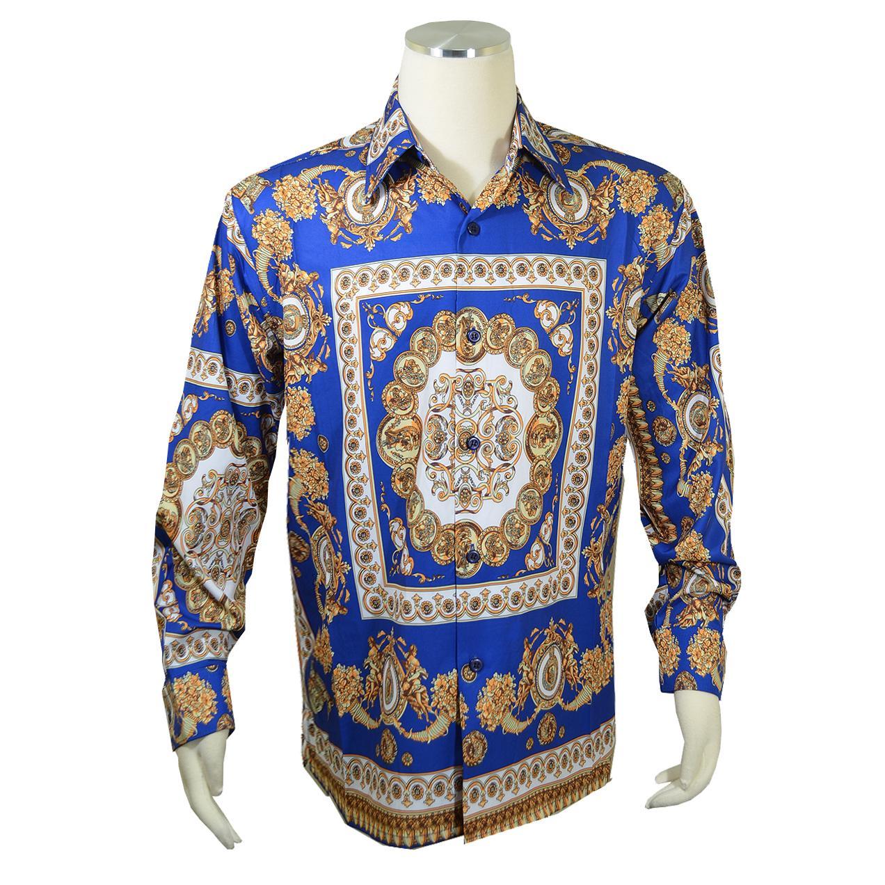 Pronti Royal Blue / Gold / White Greek Pattern Long Sleeve Shirt S6598 ...