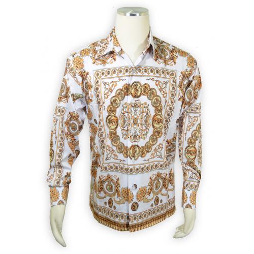 Pronti White / Gold Greek Pattern Long Sleeve Shirt S6598