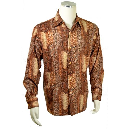 Pronti Brown Combo / Gold Metallic Lurex Python Print Long Sleeve Shirt S6594