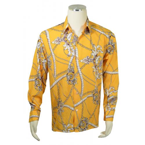 Pronti Gold / Beige Nautical Greek Pattern Long Sleeve Shirt S6592