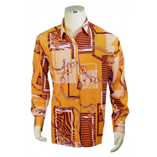 Pronti Mustard / Cognac Greek Chain Pattern Long Sleeve Shirt S6517