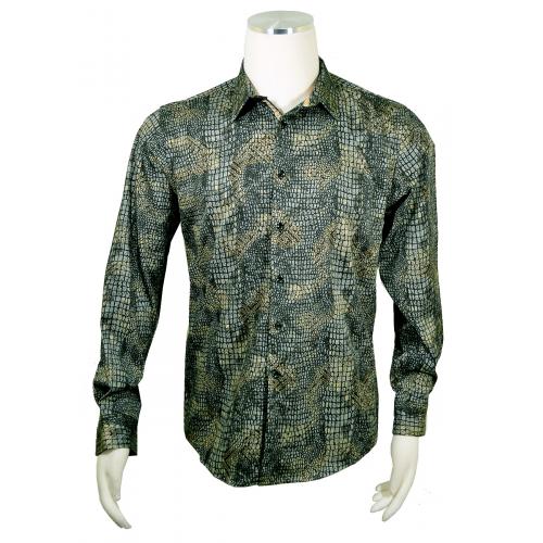 Pronti Olive / Black / Gold Metallic Lurex Alligator Print Long Sleeve Shirt S1874
