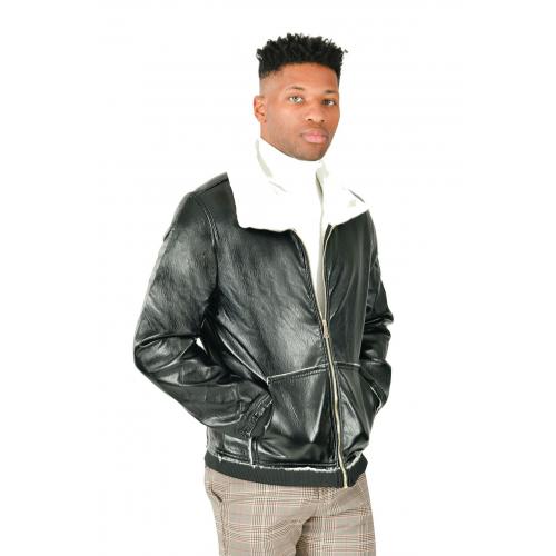 Barabas Black / Off-White PU Leather Modern Fit Sherpa Lined Bomber Jacket BH76