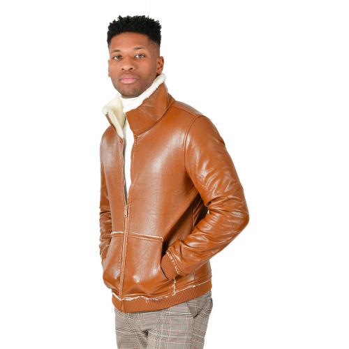 Barabas Cognac / Off-White PU Leather Modern Fit Sherpa Lined Bomber Jacket BH76