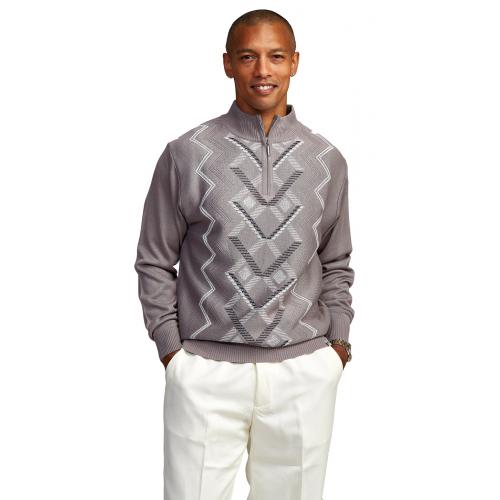 Stacy Adams Light Grey / White / Navy Half-Zip Pull-Over Sweater 9311