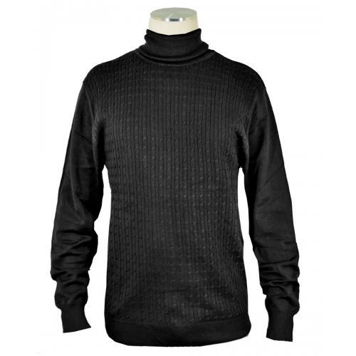 Bagazio Black Cotton Blend Cable Knit Turtleneck Sweater VT046