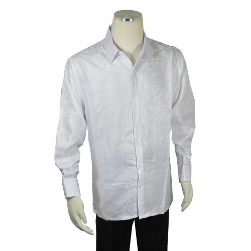 Bagazio White Paisley Embroidered Long Sleeve Satin Shirt BM1948