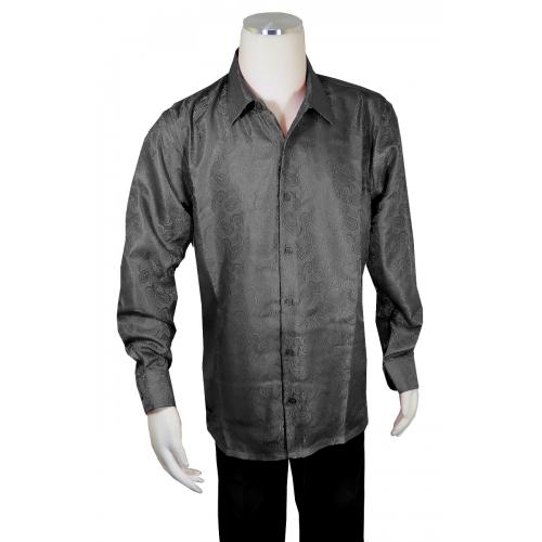Bagazio Black Paisley Embroidered Long Sleeve Satin Shirt BM1948