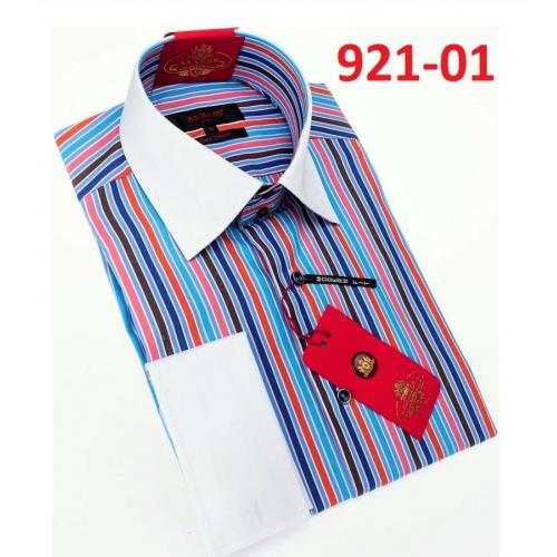 Axxess Multicolor Stripe Design Cotton Modern Fit Dress Shirt With Button Cuff 921-01.