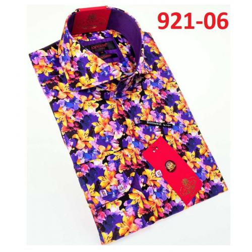 Axxess Purple/ Yellow Flower Design Cotton Modern Fit Dress Shirt With Button Cuff 921-06.