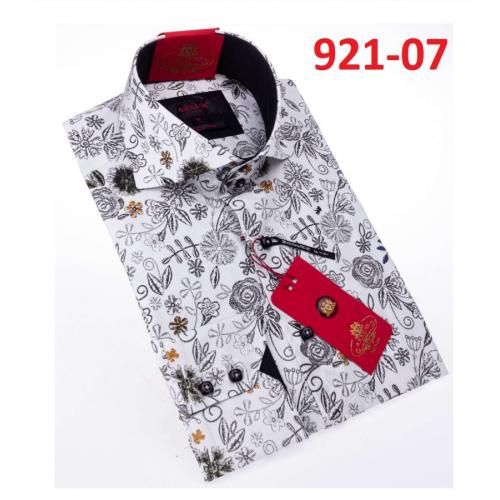 Axxess White/ Black Flower Design Cotton Modern Fit Dress Shirt With Button Cuff 921-07.