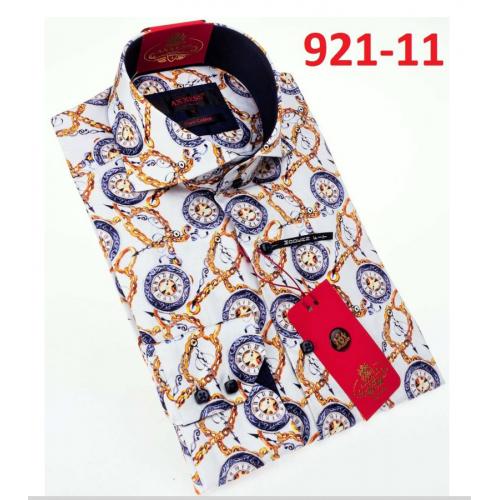 Axxess White/ Yellow/ Navy Medusa Design Cotton Modern Fit Dress Shirt With Button Cuff 921-11.
