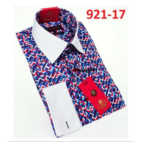 Axxess Navy/ White/ Red Artistic Design Cotton Modern Fit Dress Shirt With Button Cuff 921-17.