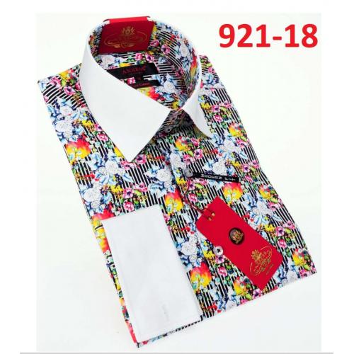 Axxess Multicolor Artistic Flower Design Cotton Modern Fit Dress Shirt With Button Cuff 921-18.