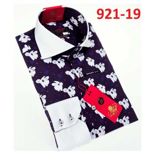Axxess Navy/ White Flower Design Cotton Modern Fit Dress Shirt With Button Cuff 921-19.