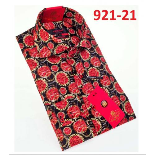 Axxess Black/ Red/ Yellow Flower Design Cotton Modern Fit Dress Shirt With Button Cuff 921-21.