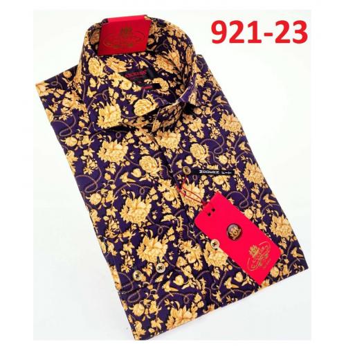 Axxess Black/ Yellow Flower Design Cotton Modern Fit Dress Shirt With Button Cuff 921-23.