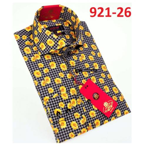 Axxess Yellow/ Black/ White Artistic Design Cotton Modern Fit Dress Shirt With Button Cuff 921-26.