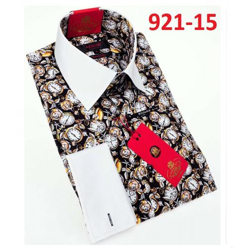 Axxess Yellow/ Black/ White Clock Design Cotton Modern Fit Dress Shirt With Button Cuff 921-15.