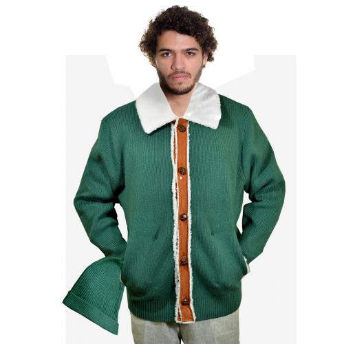 Cigar Green / Cognac / White Modern Fit Cotton Sherpa Cardigan Sweater / Hat SWJ-1015