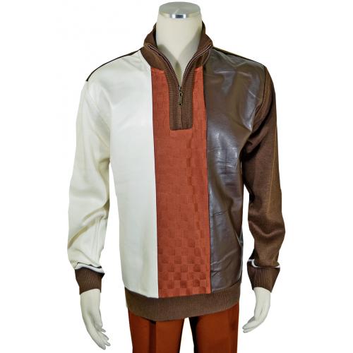 Bagazio Brown / Cream / Cognac PU Leather Quarter Zip Pullover Sweater BM1955