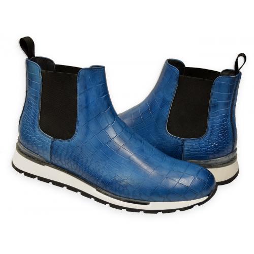 Duca Jean Blue Alligator Embossed Italian Calfskin Chelsea Sneaker Boots D24