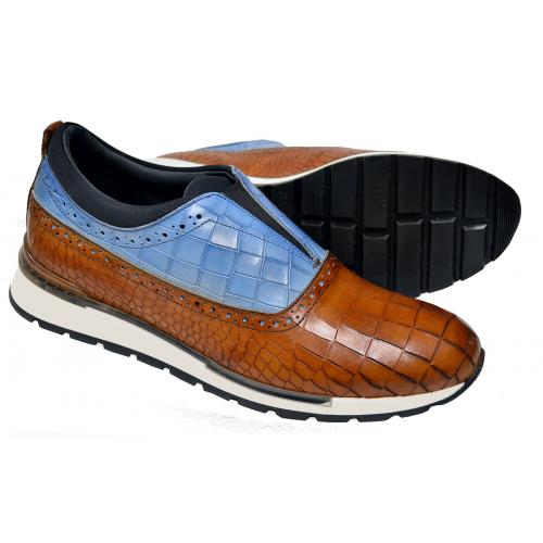 Duca "Imola" Cognac / Light Blue Alligator Embossed Calfskin Slip-On Sneakers