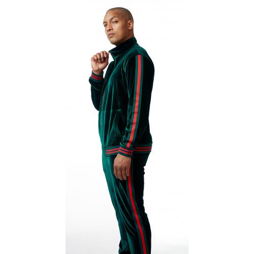 Stacy Adams Dark Green / Red Cotton Blend Velour Modern Fit Tracksuit Outfit 2578