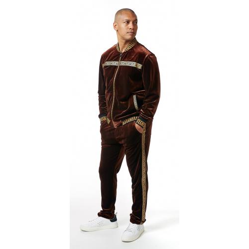 Stacy Adams Brown / Camel Greek Key Cotton Velour Modern Fit Tracksuit Outfit 2570