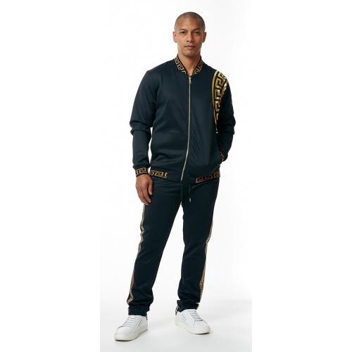 Stacy Adams Black / Gold Metallic Greek Key Cotton Modern Fit Tracksuit Outfit 2581
