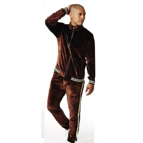 Stacy Adams Brown / Beige Cotton Blend Velour Modern Fit Tracksuit Outfit 2578