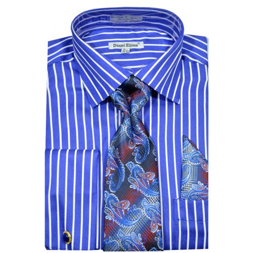 Daniel Ellissa Royal Blue / White Striped Cotton Dress Shirt / Tie / Hanky / Cufflink Set DS3793P2