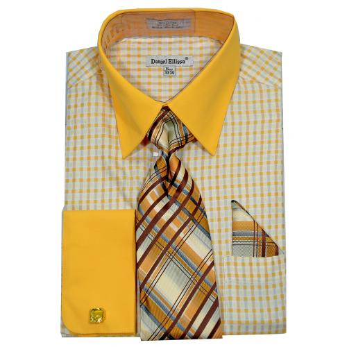Daniel Ellissa Gold / Beige / Grey Cotton Dress Shirt / Tie / Hanky / Cufflink Set DS3805P2